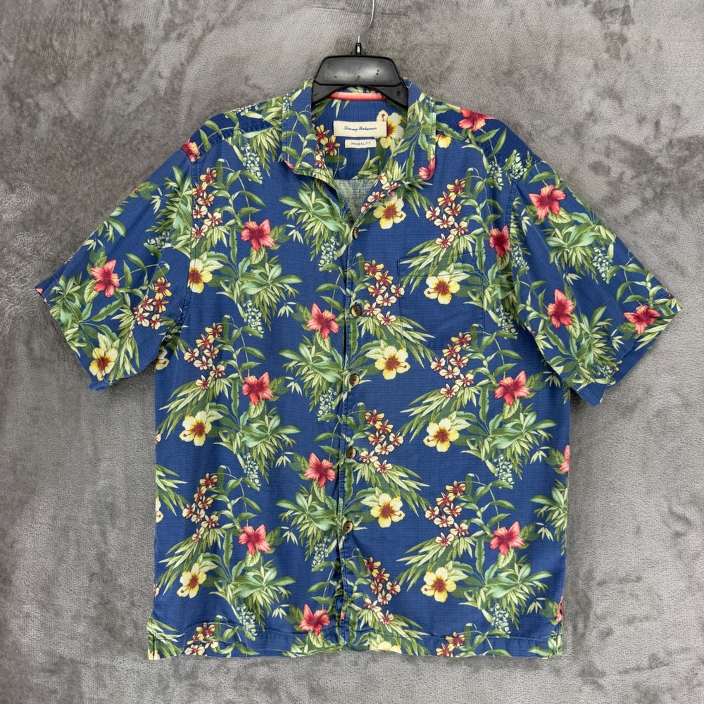 Tommy Bahama Shirt Mens Large Original Fit Blue Floral Hibiscus Silk EUC